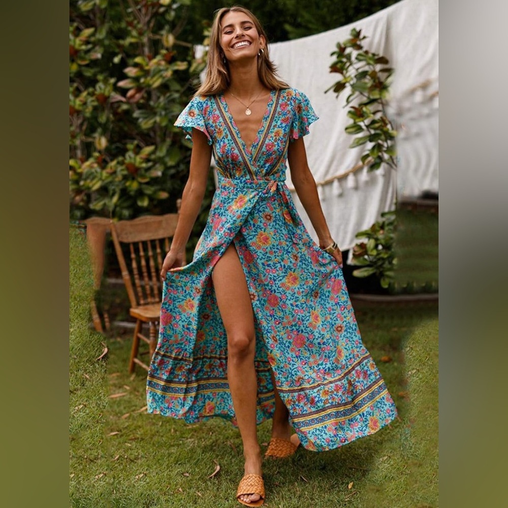 Boho Wrap Maxi Dress in Turquoise
